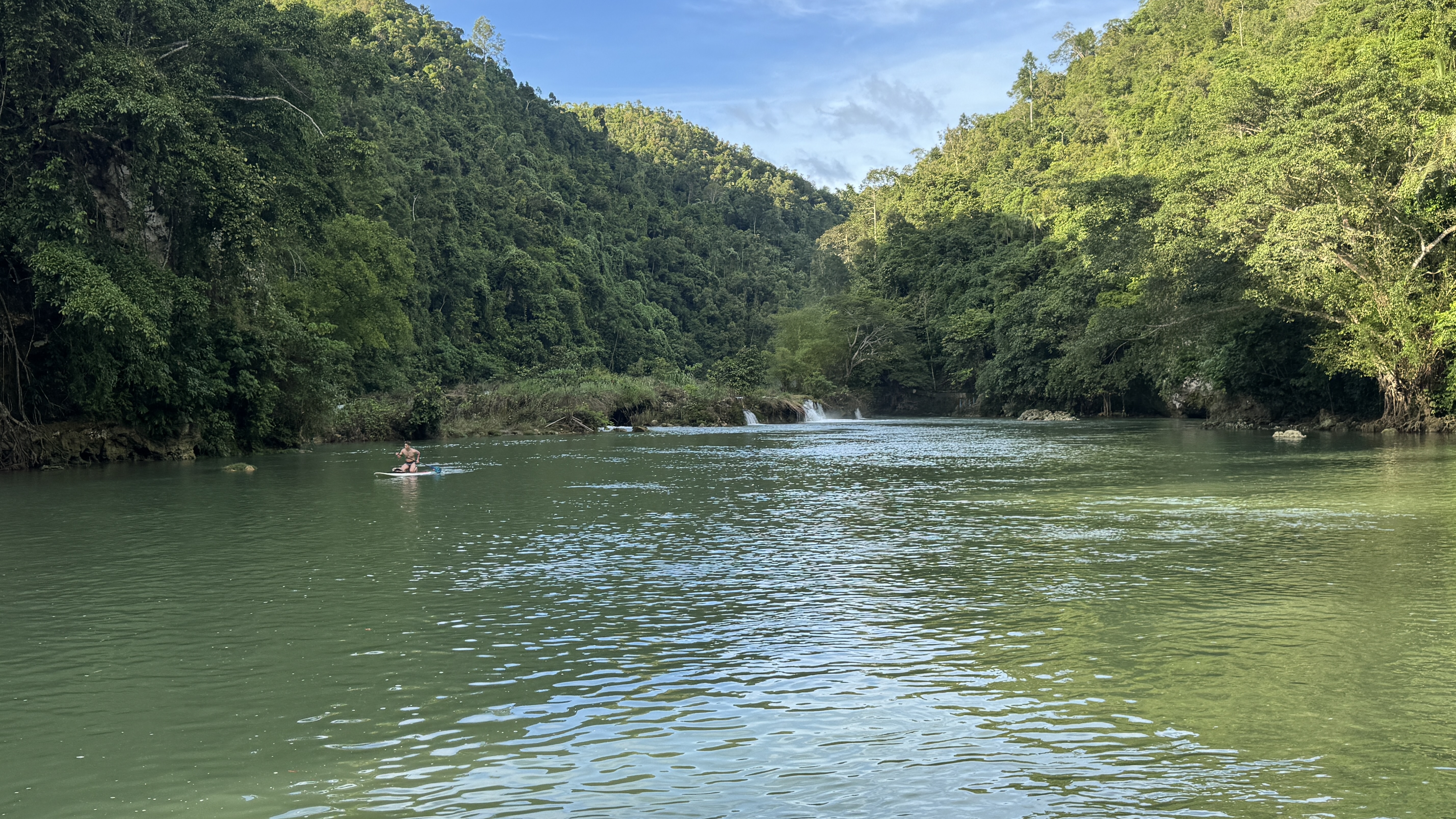 A calm green river winding through dense tropical forest in Bohol
