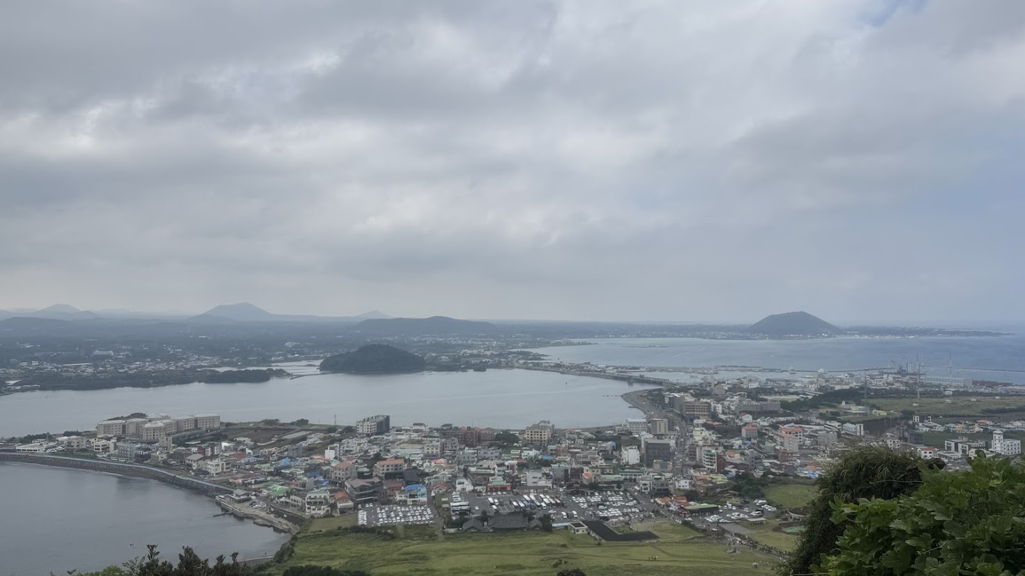 Coastal town and bays seen from a grassy hillside on a cloudy day
