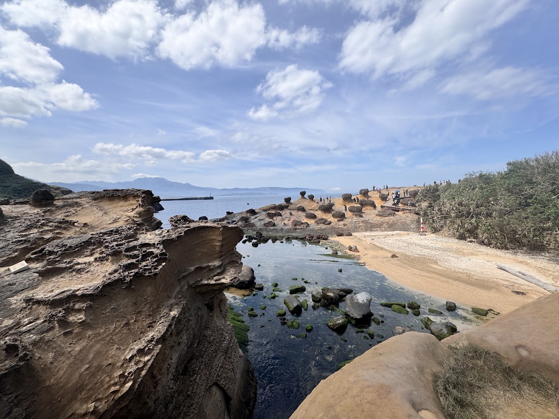 Weathered coastal rock formations beside the sea at Yehliu