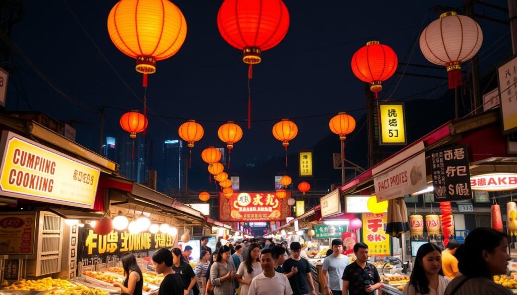 A bustling Taiwanese night market, illuminated by the warm glow of lanterns and neon signs. In the foreground, a vibrant array of street food stalls, each offering an enticing selection of dumplings, skewers, and sizzling dishes. The middle ground features eager patrons navigating the lively atmosphere, their faces alight with anticipation. In the background, a glimpse of towering high-rises and lush, green hills, creating a stunning contrast between the urban and natural landscapes. The scene exudes a tantalizing mix of aromas, flavors, and energy that capture the essence of Taiwan's renowned street food culture.