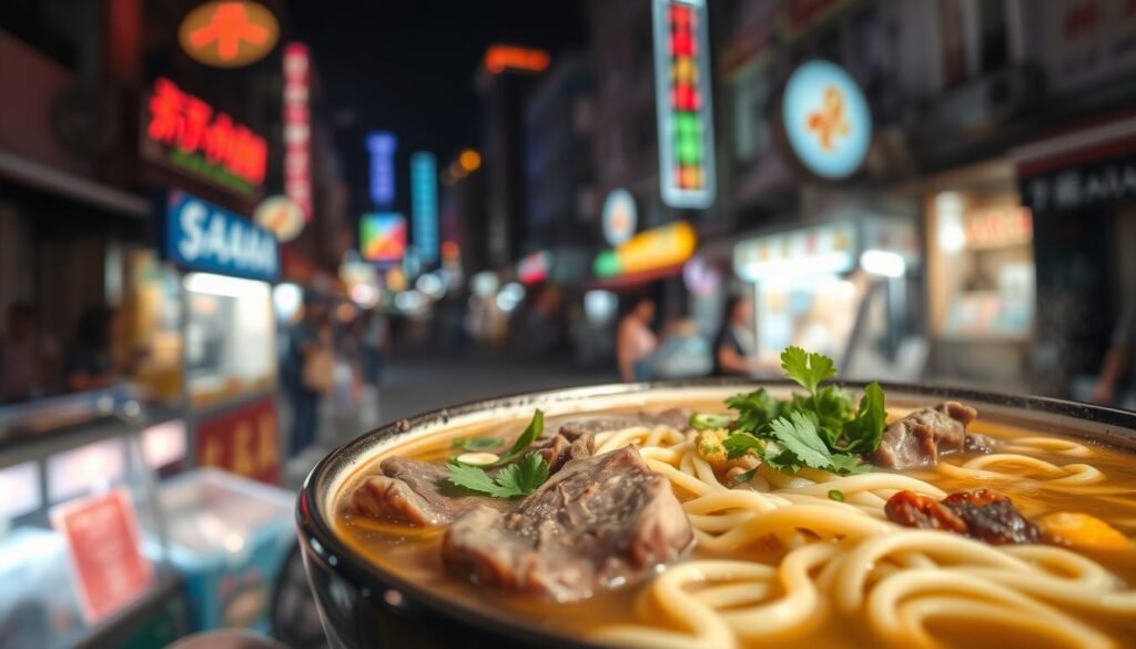 A steaming bowl of beef noodle soup, the star dish of Taiwanese street food. In the foreground, tender slices of marinated beef nestle among springy wheat noodles, swimming in a rich, aromatic broth. Garnished with slivers of scallion, cilantro, and a sprinkle of crushed peanuts. The middle ground features a backdrop of a bustling Taiwanese night market, with vibrant neon lights casting a warm glow over the scene. In the background, the silhouettes of buildings and street vendors create a lively, urban atmosphere. Soft, diffused lighting bathes the entire composition, evoking a comforting, homey vibe. The overall mood is one of soothing nostalgia and satisfying indulgence, a quintessential Taiwanese street food experience.