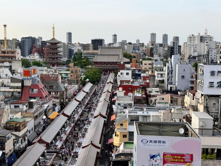 Busy Tokyo street market viewed from above with shops and city buildings