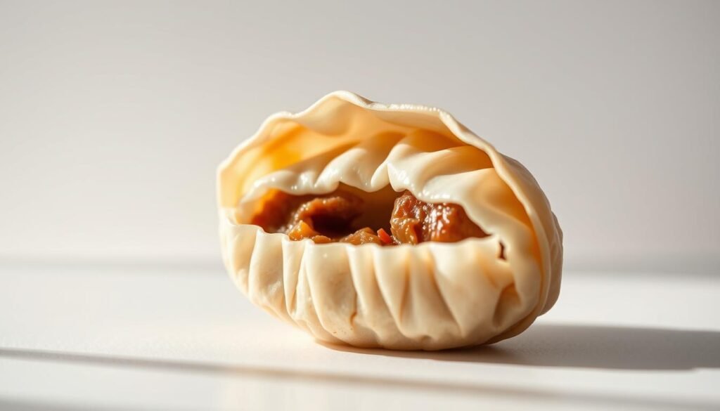 Detailed close-up of a steaming hot xiao long bao, its delicate pleated dough skin glistening with condensation, revealing the savory pork and broth filling within. The bun is set against a clean, minimalist backdrop, illuminated by soft, natural lighting that casts gentle shadows, creating depth and dimension. The composition highlights the intricate craftsmanship and mouthwatering appeal of this classic Taiwanese street food delicacy. Evocative of the vibrant night market atmosphere, this image invites the viewer to savor the authentic flavors and textures of this beloved dumpling.