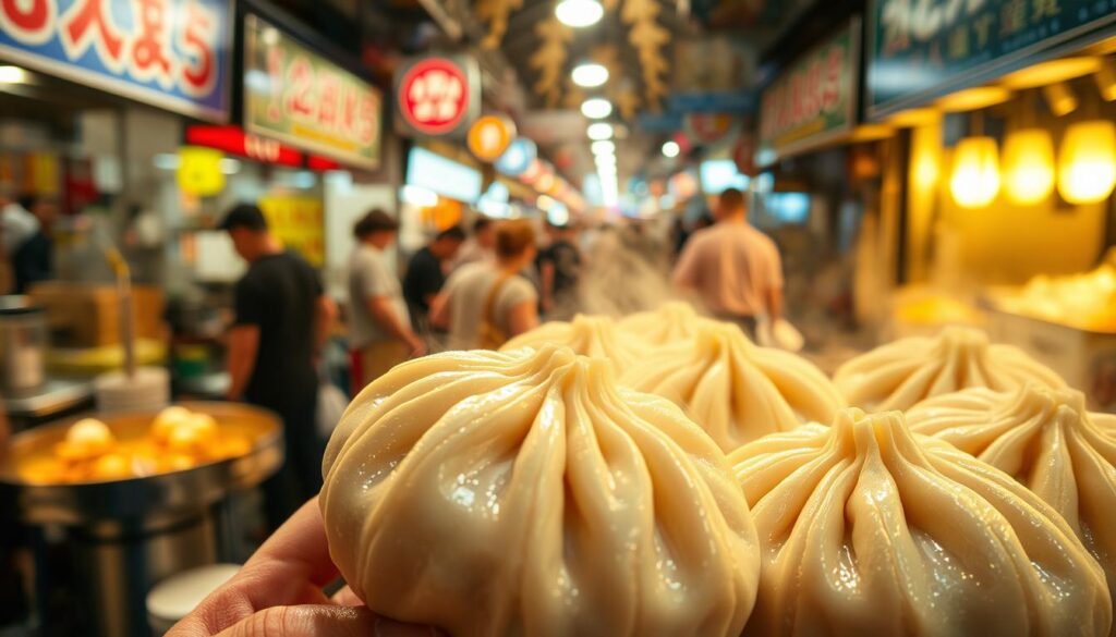 Detailed, steaming xiao long bao, glistening and plump, against a backdrop of a bustling Taiwanese street market. Vibrant stalls, sizzling woks, and a crowd of hungry patrons create an immersive atmosphere. Warm lighting casts a golden glow, highlighting the delicate folds of the buns and the steam gently rising. The camera angle is slightly elevated, allowing the viewer to appreciate the full, mouthwatering display of this iconic Taiwanese street food.