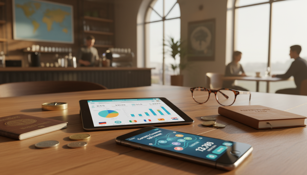 A collection of mobile phone screens displaying various travel planning and money management apps, arranged on a wooden table. The foreground features a smartphone showing a currency converter app with vibrant graphics and a user-friendly interface. In the middle ground, a tablet showcases a budgeting app with colorful charts and international currency symbols. The background includes a cozy café setting with soft natural light filtering through large windows, emphasizing a travel-friendly atmosphere. Add a few travel essentials like a notebook, passport, and coins scattered around to enhance the theme. The overall mood is inviting and focused, evoking a sense of preparation and excitement for international travel. Capture the scene from a slightly elevated angle to provide depth and context.