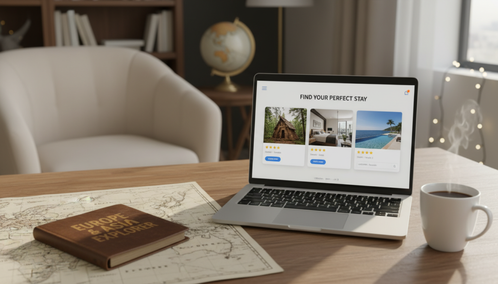 A cozy, modern workspace featuring a laptop screen displaying a user-friendly accommodation app interface. In the foreground, a neatly arranged travel guidebook, a map of Europe and Asia, and a steaming cup of coffee create an inviting atmosphere. In the middle, the laptop and app interface prominently showcase attractive accommodation options with vibrant images, emphasizing ease of use for travelers. The background includes soft-focus elements like a comfy armchair, a globe, and warm ambient lighting, enhancing the travel-themed setting. The mood is inspiring and productive, perfect for planning adventures. Use soft natural light to highlight details, and frame the composition from a slightly elevated angle to capture the entire scene effectively.