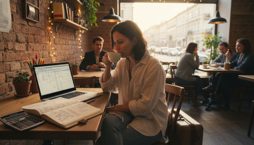 A realistic photo of a young traveler sitting at a cozy café table in an urban setting, analyzing her travel budget on a laptop. In the foreground, a notebook filled with handwritten notes and a calculator are spread out. In the middle, the traveler, a woman in casual but modest clothing, appears focused and engaged, with a small coffee cup beside her. In the background, the café features warm lighting, wooden decor, and a glimpse of people enjoying their own conversations. Outside the window, a bustling city street can be seen, evoking a sense of adventure. The mood is optimistic and contemplative, reflecting the freedom of solo travel and the importance of budgeting smartly.