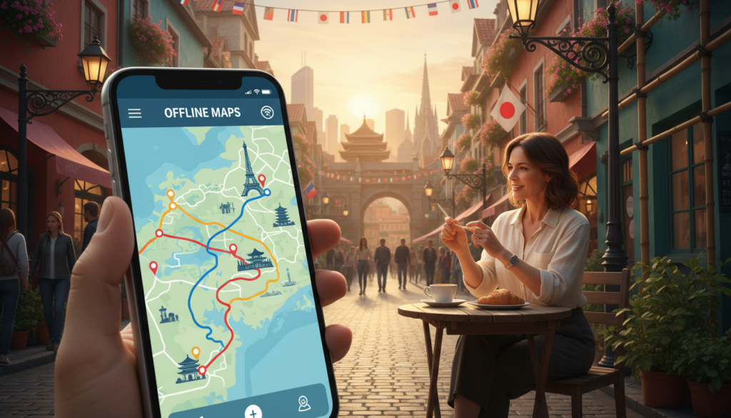 A serene and detailed scene depicting a smartphone displaying a navigation app interface. The phone is prominently placed in the foreground, with a map showing various routes and landmarks that resemble popular tourist destinations in Asia and Europe. In the middle, a traveler, dressed in casual yet professional attire, appears to engage with the app while sitting at a café table, surrounded by a rich atmosphere of a bustling city, showcasing colorful architecture and greenery. The background features iconic skylines, hinting at diverse cultures through elements like streetlamps and flags. The lighting is warm, suggesting a golden hour ambiance, and the angle is slightly tilted to add dynamism, capturing the essence of exploration and adventure. The overall mood is inspiring and inviting, encouraging wanderlust and the joy of travel even without an internet connection.