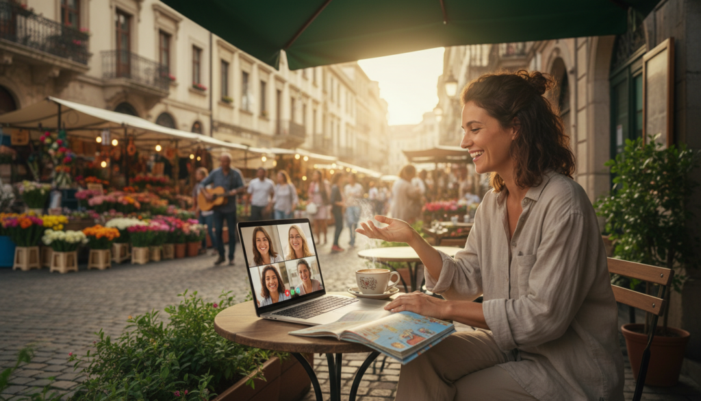 A solo traveler, a young woman in modest casual clothing, sits at a charming café table on a bustling city street. She is using her laptop to video call friends, her face illuminated by the soft afternoon sun. A steaming coffee cup and an open travel guide sit beside her, suggesting a sense of local exploration. In the background, vibrant street life unfolds with colorful market stalls and pedestrians enjoying the day. The setting reflects a warm, inviting atmosphere, enhanced by golden hour lighting that casts a gentle glow. The image captures the essence of modern connectivity while traveling solo, emphasizing the balance of adventure and staying in touch with loved ones.