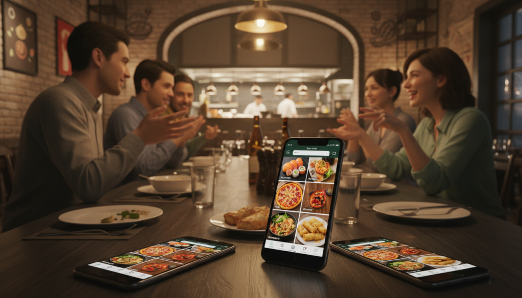A vibrant scene inside a bustling restaurant, showcasing various food and restaurant apps displayed on diverse smartphones and tablets arranged on a polished wooden table. In the foreground, close-up of a smartphone displaying a popular food app interface, featuring colorful images of delicious dishes like sushi, pizza, and local delicacies. The middle ground reveals blurred figures of diners enthusiastically discussing their meals, dressed in light casual attire, capturing a lively dining atmosphere. In the background, hints of the restaurant's interior with stylish decor, ambient lighting casting a warm glow, and a hint of the kitchen activity visible through an open window. The overall mood is inviting and energetic, celebrating the joy of discovering amazing meals through technology.