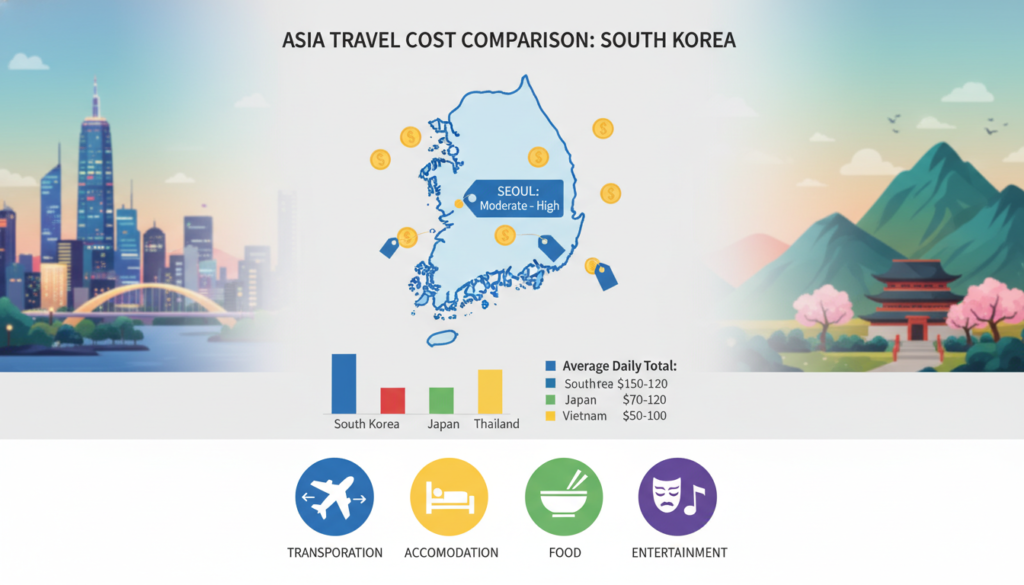 A visually engaging infographic illustrating the travel cost comparison of South Korea with other Asian countries. In the foreground, include vibrant icons representing key travel expenses such as transportation, accommodation, food, and entertainment, all placed in a well-organized layout. The middle ground should feature a stylized map of South Korea, integrated with graphical elements like price tags or currency symbols to highlight costs. In the background, a subtle gradient representing a mix of Asian landscapes, such as bustling cityscapes and serene natural vistas, sets an inviting atmosphere for potential travelers. Soft lighting enhances the clarity of the visuals, offering a polished and professional look, akin to an editorial design. The overall mood is informative and welcoming, designed to entice first-time visitors.