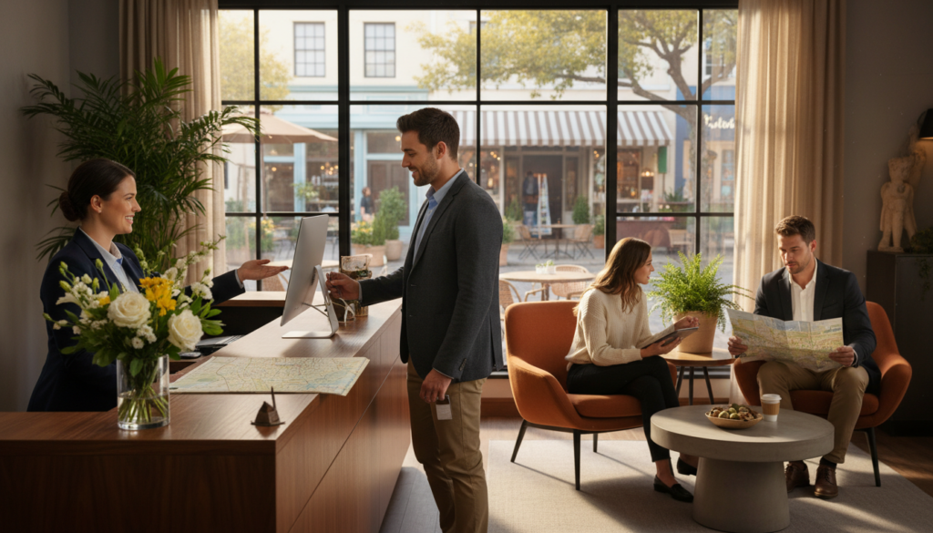 A cozy hotel reception area showcasing a friendly staff member assisting a couple in professional casual attire. In the foreground, a stylish front desk decorated with fresh flowers and a city map. The middle ground features a comfortable seating area with modern decor, where guests are relaxing, reading travel brochures, and discussing local attractions. The background reveals a large window overlooking a vibrant neighborhood, with cafes, shops, and greenery, bathed in warm afternoon sunlight. The atmosphere is inviting and bustling, conveying a sense of adventure and discovery. The image is captured with a soft focus, emphasizing the welcoming interior while subtly highlighting the lively exterior, creating a harmonious scene that reflects the essence of researching the perfect hotel location.