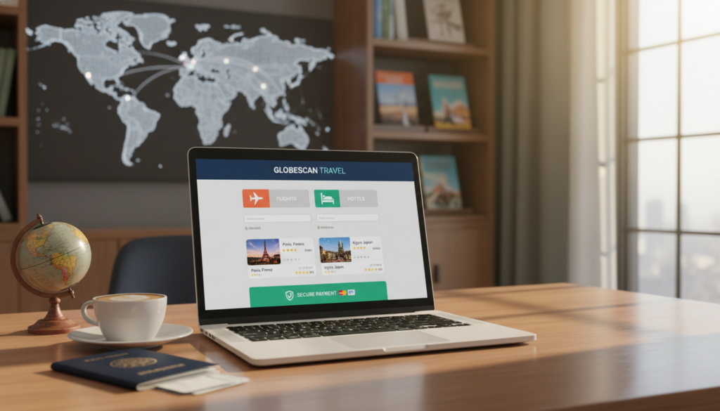 A modern, user-friendly secure trip booking platform interface displayed on a laptop screen in a stylish, well-lit office environment. In the foreground, the laptop is resting on a sleek wooden desk, surrounded by travel essentials like a passport, a globe, and a coffee cup. In the middle, the screen shows a colorful, intuitive travel booking website, featuring flight and hotel options with secure payment icons. The background includes a soft-focus view of a digital map and travel brochures on a shelf, suggesting an atmosphere of adventure and exploration. Use warm, natural lighting to create an inviting, professional ambiance, and capture the scene from a slightly elevated angle, resembling a stock-photo style. The overall mood should convey trust, reliability, and ease of use in international travel planning.