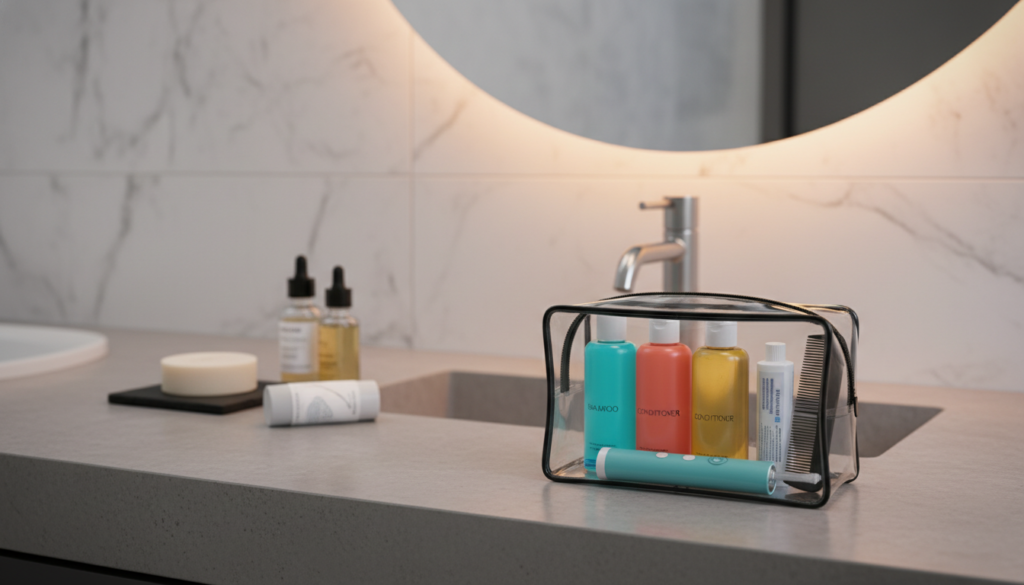 A neatly organized travel toiletries kit displayed on a stylish bathroom countertop. In the foreground, a clear, zippered toiletry bag reveals an array of colorful containers, including shampoo, conditioner, and body wash, alongside a compact toothbrush, toothpaste, and a small comb. The middle ground features additional personal care items like a bar of soap, skincare products, and a travel-sized deodorant. In the background, soft lighting creates a warm and inviting atmosphere, highlighting the clean, modern design of the bathroom. The scene is shot from a slightly elevated angle, giving a comprehensive view of the organized items, conveying a sense of preparation and tidiness, ideal for travelers. A neatly organized travel toiletries kit displayed on a stylish bathroom countertop. In the foreground, a clear, zippered toiletry bag reveals an array of colorful containers, including shampoo, conditioner, and body wash, alongside a compact toothbrush, toothpaste, and a small comb. The middle ground features additional personal care items like a bar of soap, skincare products, and a travel-sized deodorant. In the background, soft lighting creates a warm and inviting atmosphere, highlighting the clean, modern design of the bathroom. The scene is shot from a slightly elevated angle, giving a comprehensive view of the organized items, conveying a sense of preparation and tidiness, ideal for travelers.