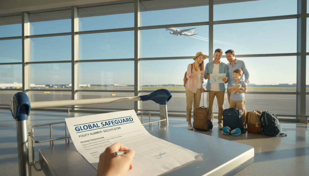 A realistic photo depicting a serene travel scene where a family of four, dressed in modest vacation attire, is gathered at an airport. In the foreground, an open travel insurance policy is placed on a luggage cart, emphasized under soft, natural lighting. In the middle, the family smiles while discussing their travel plans, with luggage and travel essentials around them. In the background, a large airport terminal window showcases an airplane taking off, symbolizing adventure. The overall mood is optimistic and reassuring, highlighting the benefits of travel insurance during unforeseen circumstances. The lens should be slightly wide-angle to capture both the family and the airport ambiance, conveying a sense of security and preparation for travel.