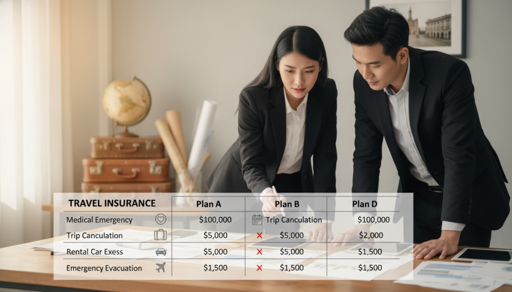 A realistic photo depicting a travel insurance coverage comparison. In the foreground, display a large, detailed table or chart showcasing various insurance plans and their coverage levels, including health, trip cancellation, and personal property protection. Include visual icons representing each type of coverage for clarity. In the middle ground, feature two professionals in business attire examining the table, pointing to different outcomes—expressing critical analysis and collaboration. The background should show a softly blurred travel-themed environment with elements like a globe, suitcases, and maps to evoke the spirit of adventure. Use natural, soft lighting to create a welcoming and informative atmosphere, with a focus on clarity and professionalism. The composition should convey the importance of understanding travel insurance in today's travel context.