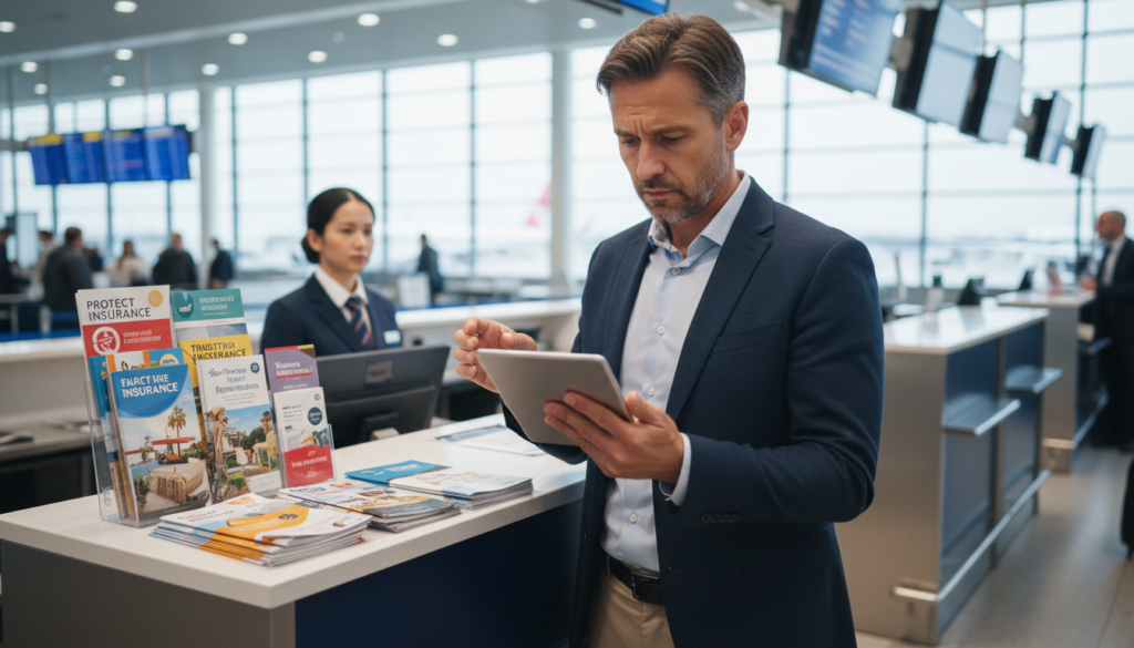 A realistic photo of a professional-looking traveler at an airport check-in desk, anxiously reviewing travel insurance documents on a tablet. In the foreground, the traveler, a middle-aged person dressed in smart-casual attire, has a concerned expression, emphasizing the importance of travel insurance. The middle ground features the check-in desk with vacation brochures and travel insurance pamphlets, while background elements include blurry airplane gates and passengers bustling around, creating a sense of urgency and activity. The lighting is bright and overhead, enhancing the atmosphere of a busy airport scene. A wide-angle lens captures the intensity of travel planning, inviting viewers to consider the significance of securing coverage before their journey.