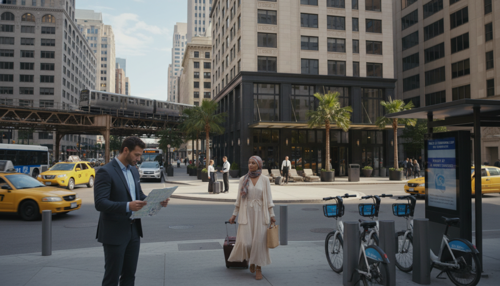A realistic photo of a vibrant hotel transportation hub in an urban setting, featuring various transportation options around a chic hotel. In the foreground, a professional man in business attire is checking a map, while a woman in modest casual clothing stands nearby waiting for a taxi. In the middle ground, electric scooters and bicycles are neatly parked, alongside a bus stop displaying local route information. The background showcases the hotel entrance with large glass doors and welcoming outdoor seating. Soft afternoon sunlight illuminates the scene, casting gentle shadows and highlighting the lively atmosphere. The image captures the convenience and variety of transportation options available for hotel guests, promoting an inviting and accessible travel experience.