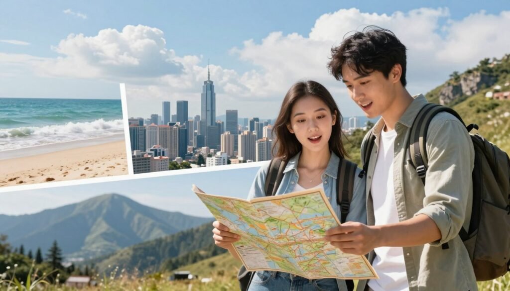A scenic travel collage illustrating diverse travel goals and preferences. In the foreground, a young couple in casual but stylish clothing holds a map, looking excited while planning their next adventure. In the mid-ground, a variety of travel scenes depict a serene beach, a bustling city skyline, and a peaceful mountain hike, beautifully blending together. The background features soft clouds and a bright blue sky, symbolizing endless possibilities. Utilize natural lighting to evoke a warm, inviting atmosphere, and capture the image with a slight tilt-angle lens to suggest a dynamic and engaging perspective. The overall tone is adventurous and inspiring, encouraging viewers to visualize their own travel aspirations. A scenic travel collage illustrating diverse travel goals and preferences. In the foreground, a young couple in casual but stylish clothing holds a map, looking excited while planning their next adventure. In the mid-ground, a variety of travel scenes depict a serene beach, a bustling city skyline, and a peaceful mountain hike, beautifully blending together. The background features soft clouds and a bright blue sky, symbolizing endless possibilities. Utilize natural lighting to evoke a warm, inviting atmosphere, and capture the image with a slight tilt-angle lens to suggest a dynamic and engaging perspective. The overall tone is adventurous and inspiring, encouraging viewers to visualize their own travel aspirations.