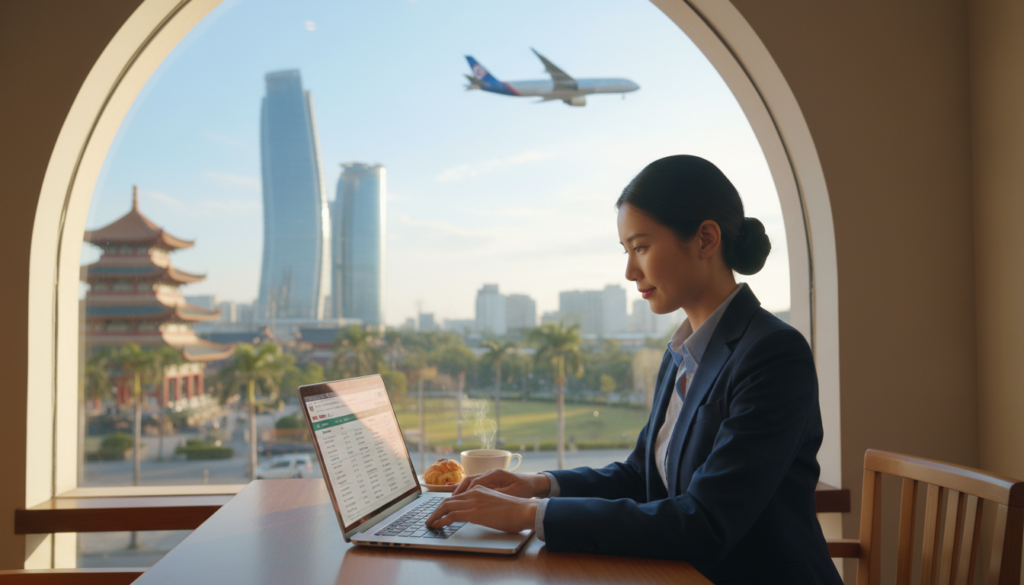 A serene travel scene capturing the ideal booking timing for flights in Asia. In the foreground, a business professional in business attire is seated at a sleek laptop in a comfortable café, thoughtfully comparing flight options. The middle ground features a large window showing a picturesque view of iconic Asian landmarks like pagodas or skyscrapers, bathed in warm, soft daylight. In the background, an airplane is soaring through a clear blue sky, symbolizing travel. The overall atmosphere is calm and focused, conveying a sense of comfort and anticipation. The lighting should be bright yet soft, creating an inviting ambiance, with a shallow depth of field to draw attention to the professional's engaged expression.