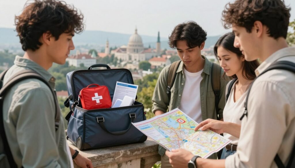 A serene travel scene depicting essential safety tips for travelers. In the foreground, a well-dressed, diverse group of travelers examines a detailed map, expressing focus and collaboration. The middle layer features a travel bag with visible safety items such as a first aid kit, travel insurance documents, and a portable charger. In the background, an idyllic landscape of a popular travel destination with iconic landmarks subtly visible, suggesting adventure and exploration. Soft, natural lighting bathes the scene, creating an inviting atmosphere that emphasizes preparedness and caution. The angle captures both the travelers and the surrounding beauty, conveying a sense of security amidst adventure. A serene travel scene depicting essential safety tips for travelers. In the foreground, a well-dressed, diverse group of travelers examines a detailed map, expressing focus and collaboration. The middle layer features a travel bag with visible safety items such as a first aid kit, travel insurance documents, and a portable charger. In the background, an idyllic landscape of a popular travel destination with iconic landmarks subtly visible, suggesting adventure and exploration. Soft, natural lighting bathes the scene, creating an inviting atmosphere that emphasizes preparedness and caution. The angle captures both the travelers and the surrounding beauty, conveying a sense of security amidst adventure.