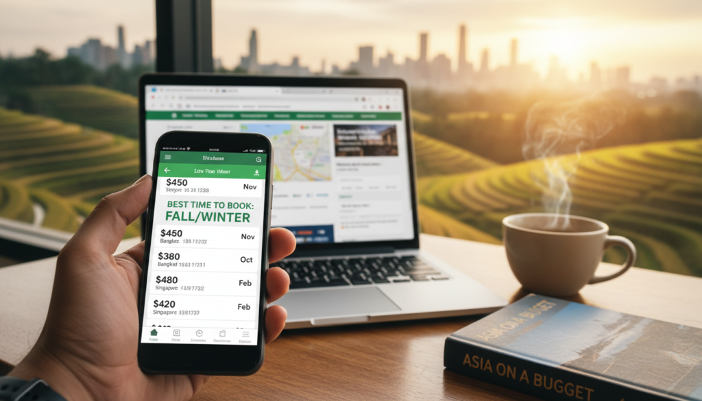 A serene travel-themed scene showcasing the best time to book flights to Asia. In the foreground, a close-up view of a traveler’s hand holding a smartphone displaying flight prices and dates for Asia. In the middle, a sleek laptop with travel booking websites open, set on a coffee shop table adorned with a steaming cup of tea and a travel guide to Asia. In the background, a picturesque view of an iconic Asian landscape, such as rice terraces or a vibrant city skyline at sunset, casting warm golden light. The atmosphere is optimistic and inviting, emphasizing the excitement of planning a trip, captured in a realistic, natural photograph, with soft lighting and a focus on the subject.