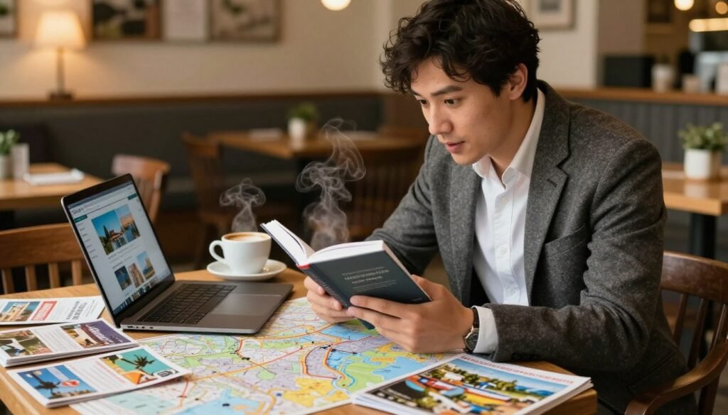 A skilled traveler browsing through a guidebook at a cozy café, surrounded by maps and travel brochures, symbolizes effective travel research. In the foreground, a well-dressed individual, wearing comfortable yet professional attire, leans over a table filled with colorful maps and travel magazines. In the middle, a steaming cup of coffee adds warmth, while an open laptop displays a travel website. The background reveals a charming café atmosphere with soft lighting and wooden furniture, creating an inviting and thoughtful mood. The scene captures the essence of smart planning before a trip, emphasizing the importance of thorough research into various destinations. The photograph should resemble a realistic, natural travel photo, with focus on the traveler’s expression of curiosity and excitement. Use warm, ambient lighting from nearby table lamps for a cozy feel. A skilled traveler browsing through a guidebook at a cozy café, surrounded by maps and travel brochures, symbolizes effective travel research. In the foreground, a well-dressed individual, wearing comfortable yet professional attire, leans over a table filled with colorful maps and travel magazines. In the middle, a steaming cup of coffee adds warmth, while an open laptop displays a travel website. The background reveals a charming café atmosphere with soft lighting and wooden furniture, creating an inviting and thoughtful mood. The scene captures the essence of smart planning before a trip, emphasizing the importance of thorough research into various destinations. The photograph should resemble a realistic, natural travel photo, with focus on the traveler’s expression of curiosity and excitement. Use warm, ambient lighting from nearby table lamps for a cozy feel.