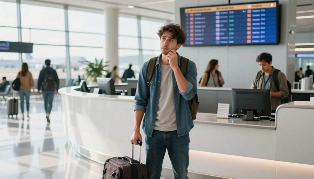 A traveler stands at an airline upgrade counter, looking conflicted as they contemplate an expensive upgrade option. In the foreground, a bright, modern airport terminal with polished floors and large windows showcasing planes outside. The middle layer shows the traveler, a young adult in smart casual attire, holding a travel bag, their expression a mix of hesitation and curiosity. In the background, other passengers bustle by, with a large display board of flight information glowing softly. The lighting is bright and airy, with natural light streaming in, casting soft shadows. The mood is reflective, highlighting the tension of making financial decisions while traveling. This image encapsulates the theme of choosing unnecessary upgrades, emphasizing the internal struggle of overspending. A traveler stands at an airline upgrade counter, looking conflicted as they contemplate an expensive upgrade option. In the foreground, a bright, modern airport terminal with polished floors and large windows showcasing planes outside. The middle layer shows the traveler, a young adult in smart casual attire, holding a travel bag, their expression a mix of hesitation and curiosity. In the background, other passengers bustle by, with a large display board of flight information glowing softly. The lighting is bright and airy, with natural light streaming in, casting soft shadows. The mood is reflective, highlighting the tension of making financial decisions while traveling. This image encapsulates the theme of choosing unnecessary upgrades, emphasizing the internal struggle of overspending.