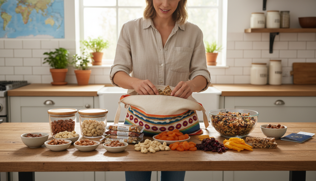 A vibrant and organized kitchen scene featuring a wooden table filled with an array of travel snacks being packed into a colorful, reusable bag. In the foreground, neatly arranged snack items such as mixed nuts, granola bars, dried fruit, and trail mix are showcased, with a couple of small, clear containers awaiting filling. In the middle, a hands-on approach as someone in a casual outfit carefully selects and organizes the snacks, their focus evident. The background reveals a sunny kitchen with bright, natural light streaming in through a window, adding warmth to the atmosphere. The image should capture a sense of preparation and excitement for upcoming travel adventures, with a clean, realistic photographic style, shot from a slightly elevated angle to encompass the entire scene. A vibrant and organized kitchen scene featuring a wooden table filled with an array of travel snacks being packed into a colorful, reusable bag. In the foreground, neatly arranged snack items such as mixed nuts, granola bars, dried fruit, and trail mix are showcased, with a couple of small, clear containers awaiting filling. In the middle, a hands-on approach as someone in a casual outfit carefully selects and organizes the snacks, their focus evident. The background reveals a sunny kitchen with bright, natural light streaming in through a window, adding warmth to the atmosphere. The image should capture a sense of preparation and excitement for upcoming travel adventures, with a clean, realistic photographic style, shot from a slightly elevated angle to encompass the entire scene.