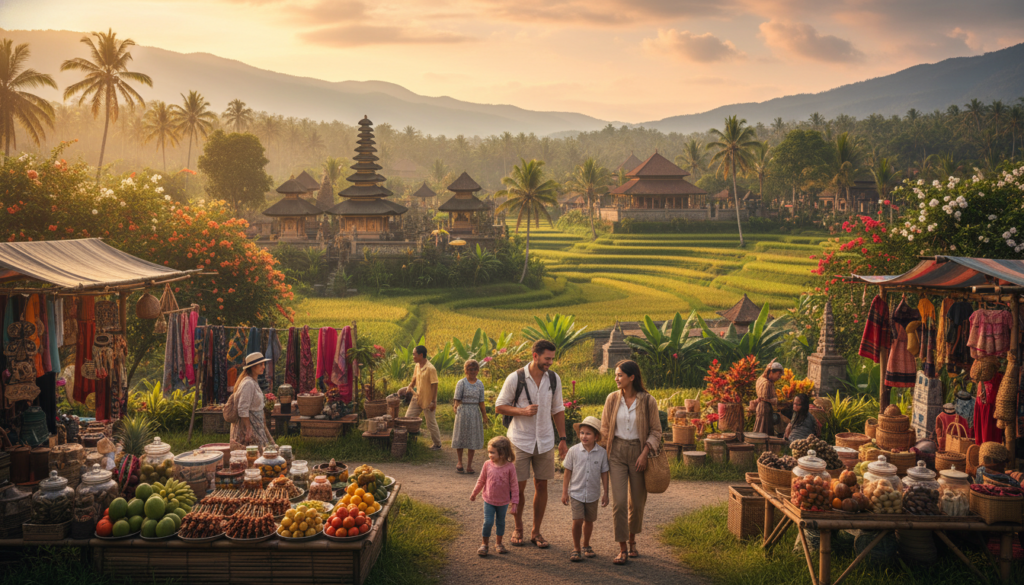 A vibrant scene showcasing budget travel destinations in Southeast Asia. In the foreground, a diverse group of modestly dressed travelers—two young adults and a family—explore local markets filled with colorful street food stalls and handmade crafts. In the middle ground, traditional ornate temples and lush greenery create a picturesque backdrop. The background features a stunning sunset casting warm hues over distant mountains and rice paddies, adding a sense of tranquility. The atmosphere is lively yet relaxed, evoking excitement and cultural immersion. Use a wide-angle lens to capture the depth of the scene with soft, natural lighting that enhances the vibrant colors and intricate details of this budget-friendly travel adventure.