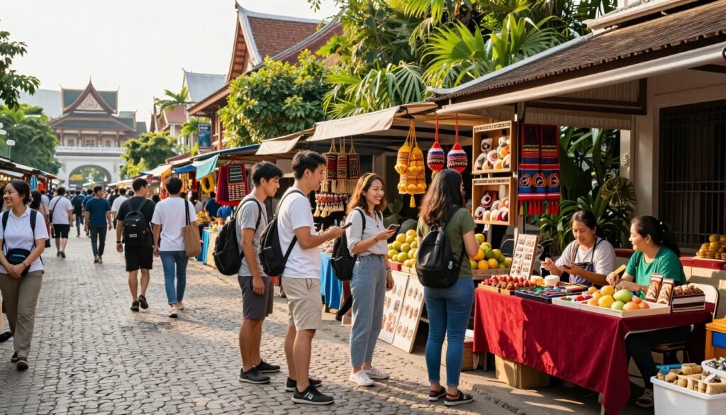 A vibrant street market in Asia bustling with life, showcasing a variety of affordable activities and attractions. In the foreground, a small group of tourists, dressed in modest casual clothing, examine local crafts and food stalls, smiling as they interact with friendly vendors. The middle ground features colorful stalls adorned with exotic fruits, handmade souvenirs, and traditional snacks. In the background, iconic Asian architecture and lush greenery provide a picturesque setting, illuminated by warm, natural sunlight that casts soft shadows on the cobblestone street. The atmosphere conveys a sense of adventure and discovery, highlighting the joy of budget-friendly travel. Capture this scene with a wide-angle lens to emphasize the lively environment and the rich cultural experiences available in Asia.