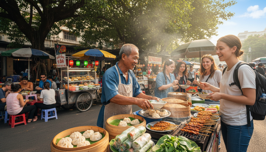 A vibrant street scene in Asia showcasing budget-friendly street food. In the foreground, a local vendor is carefully preparing a colorful array of dishes, such as steaming dumplings, skewered grilled meats, and fresh spring rolls. The vendor, dressed in modest casual clothing, smiles at a customer. The middle ground features enthusiastic travelers enjoying their meals at small tables, with enticing food carts in the background displaying mouthwatering options. The atmosphere is lively and bustling, enhanced by warm sunlight filtering through the trees. A clear blue sky serves as the backdrop, creating a cheerful and inviting mood. The image captures the essence of affordable dining, emphasizing the rich culture and flavors of Asian street food, all shot in natural lighting to reflect a realistic travel photograph.