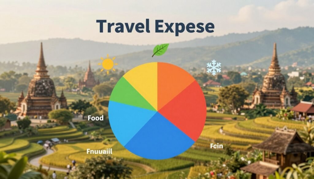 A visually appealing breakdown of travel expenses in Asia, designed as an infographic. In the foreground, showcase a pie chart representing different cost categories such as accommodation, food, transportation, and activities, with vibrant colors to differentiate each segment. In the middle ground, incorporate icons or symbols representing seasonal variations, like a sun for summer, a leaf for fall, and a snowflake for winter, subtly integrated into the chart. The background should feature a soft-focus scenic landscape of iconic Asian landmarks, like temples or rice terraces, creating a travel atmosphere. Natural lighting with a slight warm tint to evoke a sense of adventure and wanderlust, captured from a high angle to provide an expansive view. The image should feel professional and inviting, emphasizing the allure of exploring Asia.
