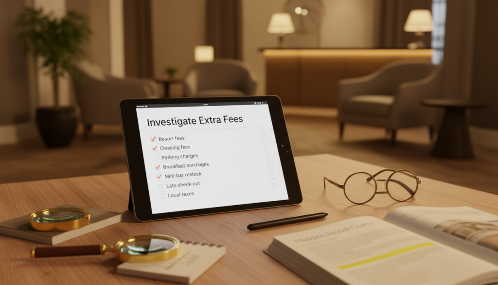 A visually compelling checklist on a wooden table, with a blurred hotel lobby in the background. In the foreground, a sleek tablet displays a digital checklist titled "Investigate Extra Fees," alongside a pen and a pair of reading glasses. Scattered around the tablet are items like a magnifying glass, a small notepad, and an open guidebook highlighting potential extra fees in hotel bookings. The lighting is warm and inviting, creating a cozy atmosphere, reminiscent of a traveler's workspace. The camera angle is slightly above eye level, capturing the essence of planning and organization for travelers. The overall mood is focused and professional, encouraging thoughtful consideration of hidden costs in hotel stays.