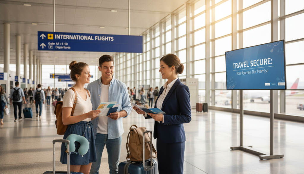 A well-crafted travel insurance theme, set against a backdrop of a bustling airport terminal. In the foreground, a professional-looking travel agent, dressed in business attire, is consulting with a young couple who appear relieved and happy, holding travel brochures and their passports. They are surrounded by luggage and travel essentials, symbolizing their journey. The middle ground features an airport sign pointing to international flights, capturing the essence of adventure. The background shows travelers moving through the terminal, with bright, natural lighting filtering through large windows, creating a hopeful and optimistic atmosphere. The image should evoke a sense of security and preparation, highlighting the importance of travel insurance in ensuring a smooth journey.