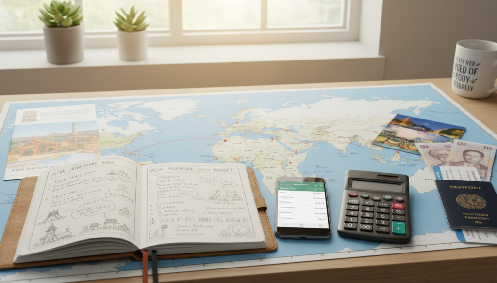 A well-organized workspace showcasing budgeting for an Asia trip. In the foreground, a smartphone displaying a budget app, a notebook filled with travel plans, and a calculator. In the middle, a world map with highlighted Asian destinations, and travel brochures spread out. In the background, soft natural light filtering through a window, creating a warm and inviting atmosphere. A plant sits on the windowsill, adding a touch of greenery. The composition is shot from a slightly elevated angle, capturing the workspace in detail, evoking a sense of creativity and planning excitement. The mood is optimistic and inspiring, perfect for illustrating the budgeting process for a memorable journey.