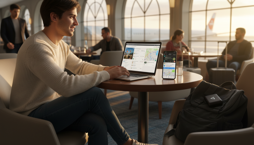 A young traveler, dressed in comfortable yet stylish casual attire, sits at an airport lounge table, engrossed in a laptop with various travel planning apps open. In the foreground, a smartphone lies next to the laptop, displaying a map and messaging app, symbolizing connectivity. In the middle, a well-organized travel bag with a portable charger peeks out, hinting at the essentials for staying connected on the go. The background features a bustling airport with fellow travelers, large windows letting in warm natural light, enhancing the atmosphere of excitement and adventure. Overall, the scene conveys a sense of preparation and modernity, capturing the essence of staying connected while traveling in a vibrant and dynamic environment.
