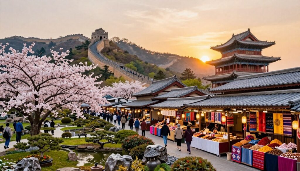 A breathtaking travel scene showcasing top destinations in Asia. In the foreground, a serene traditional Japanese garden with cherry blossoms in full bloom, inviting visitors to explore. In the middle ground, a bustling market filled with vibrant textiles and spices, capturing the essence of Asian culture. The background features iconic landmarks such as the Great Wall of China winding through lush mountains and the ornate architecture of an ancient temple set against a brilliant sunset. Use soft, warm lighting to enhance the idyllic atmosphere, captured through a wide-angle lens to provide depth. The mood is vibrant yet tranquil, emphasizing the rich diversity and beauty of Asia's top travel experiences. A breathtaking travel scene showcasing top destinations in Asia. In the foreground, a serene traditional Japanese garden with cherry blossoms in full bloom, inviting visitors to explore. In the middle ground, a bustling market filled with vibrant textiles and spices, capturing the essence of Asian culture. The background features iconic landmarks such as the Great Wall of China winding through lush mountains and the ornate architecture of an ancient temple set against a brilliant sunset. Use soft, warm lighting to enhance the idyllic atmosphere, captured through a wide-angle lens to provide depth. The mood is vibrant yet tranquil, emphasizing the rich diversity and beauty of Asia's top travel experiences.