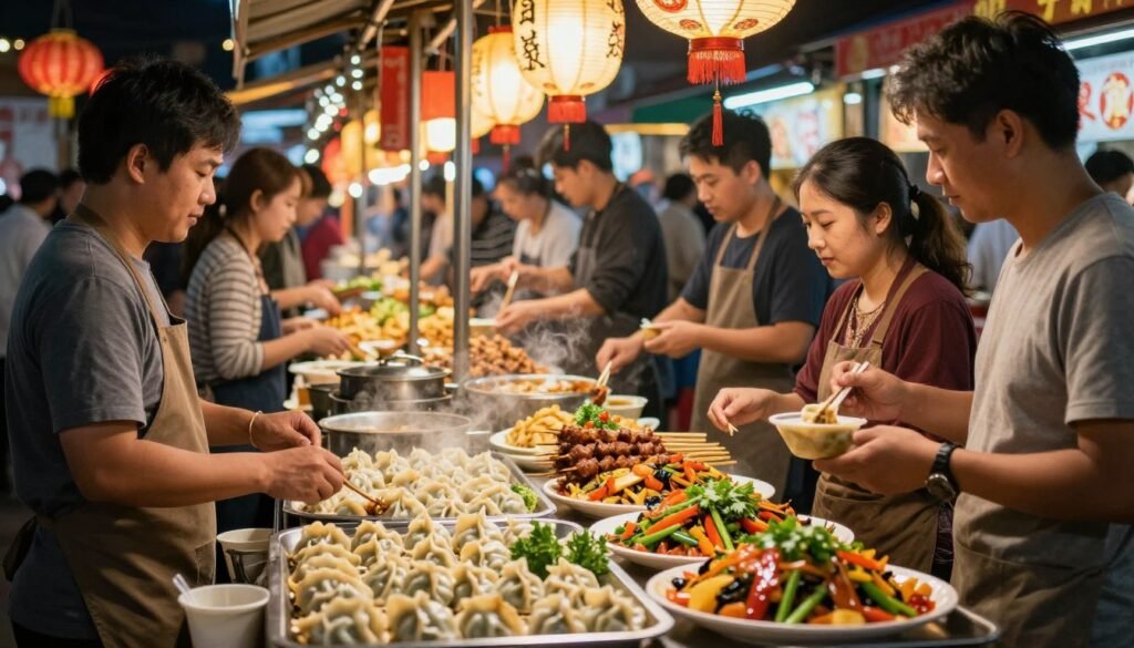 A bustling Asian night market scene, filled with vibrant stalls offering an array of delicacies. In the foreground, a beautifully arranged platter of steaming dumplings, skewered meats, and colorful stir-fried vegetables, garnished with fresh herbs. The middle section features vendors in modest casual clothing, showcasing their food with enthusiasm, while shoppers enthusiastically sample dishes. The background is adorned with softly glowing lanterns and festive decorations, creating an inviting atmosphere. The scene is illuminated by warm, ambient lighting, casting inviting shadows. The image captures the lively energy and cultural richness of night markets, inviting viewers to explore these culinary treasures. Shot with a 50mm lens for a natural, immersive perspective, evoking a sense of excitement and adventure.