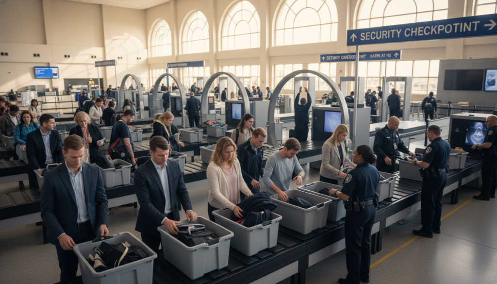 A bustling airport security screening area, filled with travelers in professional business attire and modest casual clothing. In the foreground, a diverse group of passengers stands in line, some placing their belongings into gray plastic bins on a conveyor belt. Security personnel, dressed in uniforms, attentively monitor the screening process. In the middle ground, advanced scanning machines and metal detectors create an organized flow. The background features a bright, well-lit airport terminal with large signs directing passengers. Soft, natural light illuminates the scene, creating a welcoming atmosphere despite the bustling activity. The image captures the anxiety and anticipation of first-time flyers navigating security, emphasizing a sense of order and professionalism essential for air travel. A bustling airport security screening area, filled with travelers in professional business attire and modest casual clothing. In the foreground, a diverse group of passengers stands in line, some placing their belongings into gray plastic bins on a conveyor belt. Security personnel, dressed in uniforms, attentively monitor the screening process. In the middle ground, advanced scanning machines and metal detectors create an organized flow. The background features a bright, well-lit airport terminal with large signs directing passengers. Soft, natural light illuminates the scene, creating a welcoming atmosphere despite the bustling activity. The image captures the anxiety and anticipation of first-time flyers navigating security, emphasizing a sense of order and professionalism essential for air travel.