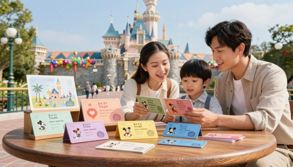 A captivating scene showcasing Tokyo Disneyland ticket options, set in the foreground with various colorful ticket designs displayed on an elegant wooden table. Each ticket features iconic Disney characters and symbols of the park, highlighting different pricing tiers such as single-day, park hopper, and annual passes. In the middle ground, a cheerful family dressed in smart casual attire studies the ticket options, their expressions filled with excitement and anticipation. The background reveals the enchanting Tokyo Disneyland entrance adorned with vibrant decorations and a clear blue sky, emphasizing the magical atmosphere. Soft, natural lighting creates a warm and inviting tone, reminiscent of a sunny day at the park. The scene conveys a sense of wonder and eagerness for an unforgettable adventure.