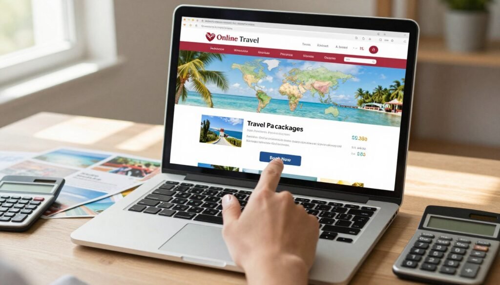 A close-up of a computer screen displaying a vibrant online travel agency website, showcasing various travel packages and associated fees. In the foreground, a hand is reaching out to click on a "Book Now" button, symbolizing user engagement. The middle ground features a modern workspace with a laptop, travel brochures, and a calculator, emphasizing the planning aspect of travel. The background shows a blurred image of a world map, creating a travel-focused atmosphere. Natural daylight streams in through a nearby window, casting soft shadows and enhancing the inviting feel. The mood is professional yet relaxed, demonstrating the ease of booking online while understanding the associated fees. The composition captures a blend of technology and travel desire.