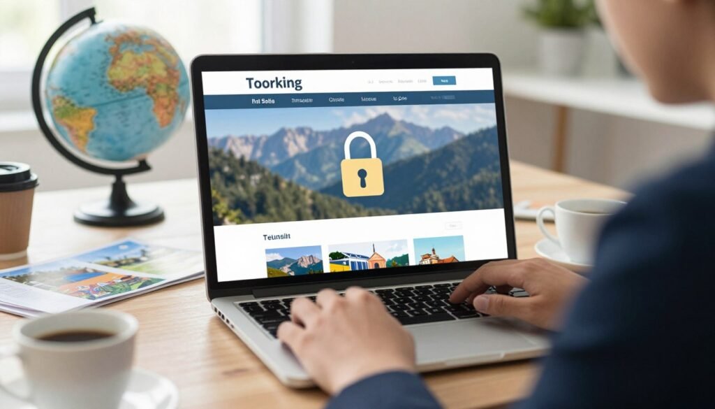 A close-up view of a laptop displaying a travel booking website, with a padlock icon symbolizing security prominently featured on the screen. In the foreground, a business professional in smart attire is intently focused on the laptop, their hands hovering over the keyboard, suggesting active engagement. The middle layer shows a blurred background of a bright, airy office environment, complete with a globe, travel brochures, and a coffee cup, creating a sense of wanderlust. Soft, natural lighting filters through a window, casting gentle shadows and adding warmth to the scene. The atmosphere conveys confidence and safety in online transactions, embodying the concept of security in travel booking. The overall composition is balanced and welcoming, encouraging viewers to trust online platforms for their travel needs.