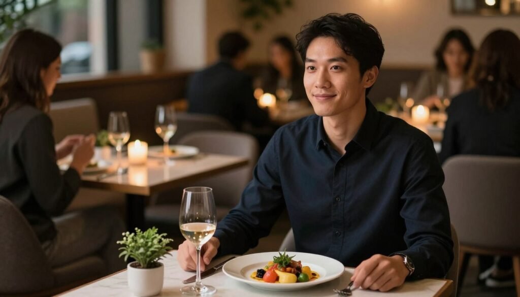 A confident individual dining alone at a cozy, dimly-lit restaurant table for one. The foreground features a beautifully plated dish with vibrant colors, complemented by a glass of wine. The subject, dressed in smart casual attire, sits upright with a serene smile, reflecting self-assurance and enjoyment of their meal. In the middle ground, elegantly arranged tables and softly glowing candles create a warm, inviting atmosphere, while a small potted plant adds a touch of greenery. The background shows blurred figures of other diners, emphasizing the sense of community while highlighting the subject's independence. Soft, natural lighting enhances the mood, evoking a sense of tranquility and confidence. Shot from a slight angle to offer depth and intimacy to the scene, capturing the essence of solo dining as a rewarding experience.