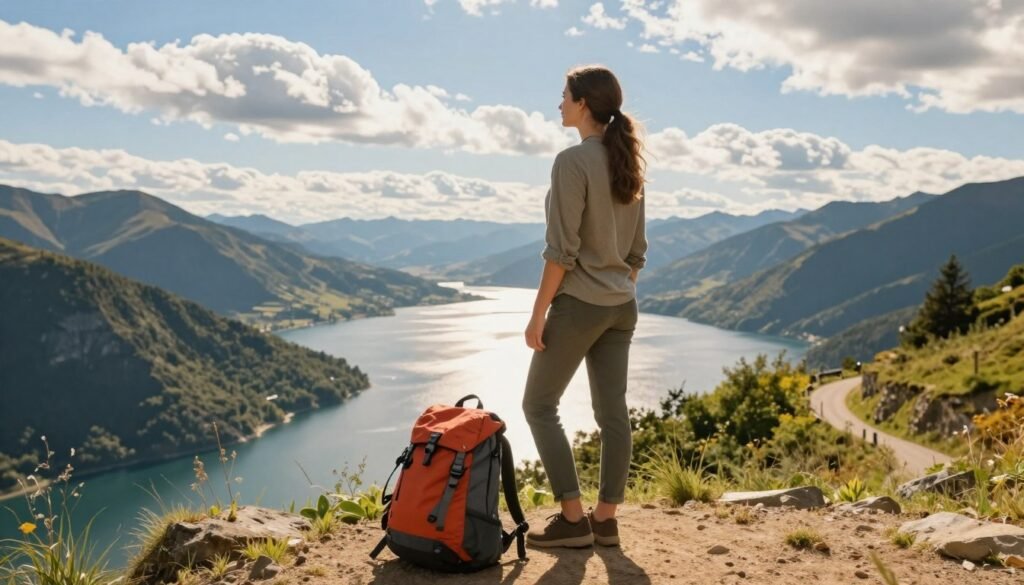 A confident young woman standing alone on a scenic overlook, gazing at a vast landscape filled with mountains and a shimmering lake. She is wearing modest, casual clothing, and her posture exudes self-assurance. In the foreground, a vibrant backpack lies beside her, representing travel essentials. The middle ground captures lush greenery and a winding trail leading into the distance, symbolizing adventure and exploration. The background features a bright blue sky with fluffy white clouds, creating an uplifting atmosphere. The scene is illuminated by warm, golden sunlight, enhancing the feeling of optimism and freedom. The photography style is natural and realistic, resembling stock travel photography, inviting viewers to imagine their own solo journeys.