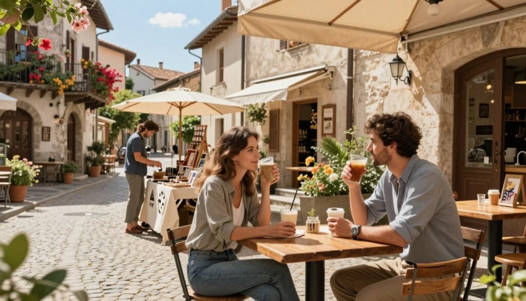 A cozy, sunlit street in a charming European village, featuring a quaint café with outdoor seating. In the foreground, a couple in casual yet polished attire sit at a rustic wooden table, savoring their drinks and engaged in thoughtful conversation, radiating a sense of connection to their surroundings. In the middle ground, a local artisan can be seen setting up a market stall filled with handmade crafts, evoking the spirit of slow, deliberate travel. The background showcases picturesque cobblestone streets adorned with blooming flowers and historic buildings under a clear blue sky. Soft, warm afternoon light bathes the scene, creating a serene, inviting atmosphere that embodies the essence of embracing the challenges and joys of a slow travel mindset. A cozy, sunlit street in a charming European village, featuring a quaint café with outdoor seating. In the foreground, a couple in casual yet polished attire sit at a rustic wooden table, savoring their drinks and engaged in thoughtful conversation, radiating a sense of connection to their surroundings. In the middle ground, a local artisan can be seen setting up a market stall filled with handmade crafts, evoking the spirit of slow, deliberate travel. The background showcases picturesque cobblestone streets adorned with blooming flowers and historic buildings under a clear blue sky. Soft, warm afternoon light bathes the scene, creating a serene, inviting atmosphere that embodies the essence of embracing the challenges and joys of a slow travel mindset.