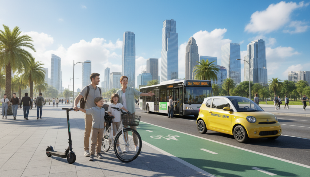 A dynamic city scene depicting various affordable transportation options. In the foreground, a cheerful family with modest casual clothing stands beside a bicycle, smiling, symbolizing eco-friendly travel. In the middle, an electric scooter and a compact, colorful car are parked along a bike lane. Nearby, a bus stops to pick up passengers, showcasing public transportation. In the background, city skyscrapers rise against a bright blue sky with fluffy white clouds, indicating a vibrant urban atmosphere. The lighting is bright and inviting, suggesting a sunny day, enhancing the mood of freedom and exploration. Capture this scene with a wide-angle lens to emphasize the multitude of accessible transportation choices available for budget-conscious travelers.