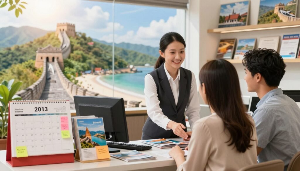 A scenic view showcasing the vibrant essence of Asia, centered around a beautifully decorated travel agency office with a friendly travel agent in professional attire assisting a couple at a desk filled with brochures of popular tours across various Asian destinations. In the foreground, a calendar opened to the months of peak travel seasons, with colorful sticky notes indicating the best times to book. The middle ground features a softly blurred display of iconic Asian landmarks like the Great Wall of China and the serene beaches of Thailand. The background includes a bright, sunny sky and lush greenery, creating an inviting atmosphere. The warm lighting adds a sense of optimism and excitement, capturing the essence of planning a memorable getaway in Asia. A scenic view showcasing the vibrant essence of Asia, centered around a beautifully decorated travel agency office with a friendly travel agent in professional attire assisting a couple at a desk filled with brochures of popular tours across various Asian destinations. In the foreground, a calendar opened to the months of peak travel seasons, with colorful sticky notes indicating the best times to book. The middle ground features a softly blurred display of iconic Asian landmarks like the Great Wall of China and the serene beaches of Thailand. The background includes a bright, sunny sky and lush greenery, creating an inviting atmosphere. The warm lighting adds a sense of optimism and excitement, capturing the essence of planning a memorable getaway in Asia.