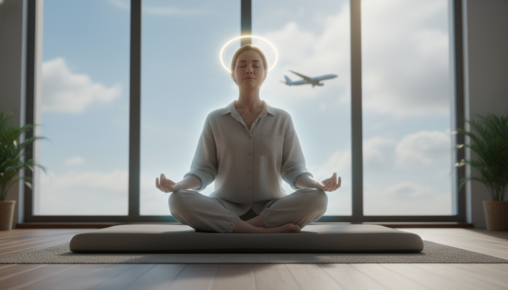 A serene and inspiring visualization of mental preparation for a flight, focusing on relaxation techniques. In the foreground, a calm individual sits cross-legged on a plush yoga mat, wearing modest casual clothing and a peaceful expression, practicing mindfulness with closed eyes. In the middle, a soft, glowing aura surrounds them, symbolizing tranquility. Behind them, a large window reveals a sunny sky and a distant airplane, emphasizing the anticipation of travel. The lighting is warm and inviting, casting gentle shadows, creating a soothing atmosphere. The composition should have an inviting perspective, using a slight tilt to enhance the feeling of depth, with a blurred effect in the background to keep the focus on the subject's tranquil demeanor. A serene and inspiring visualization of mental preparation for a flight, focusing on relaxation techniques. In the foreground, a calm individual sits cross-legged on a plush yoga mat, wearing modest casual clothing and a peaceful expression, practicing mindfulness with closed eyes. In the middle, a soft, glowing aura surrounds them, symbolizing tranquility. Behind them, a large window reveals a sunny sky and a distant airplane, emphasizing the anticipation of travel. The lighting is warm and inviting, casting gentle shadows, creating a soothing atmosphere. The composition should have an inviting perspective, using a slight tilt to enhance the feeling of depth, with a blurred effect in the background to keep the focus on the subject's tranquil demeanor.
