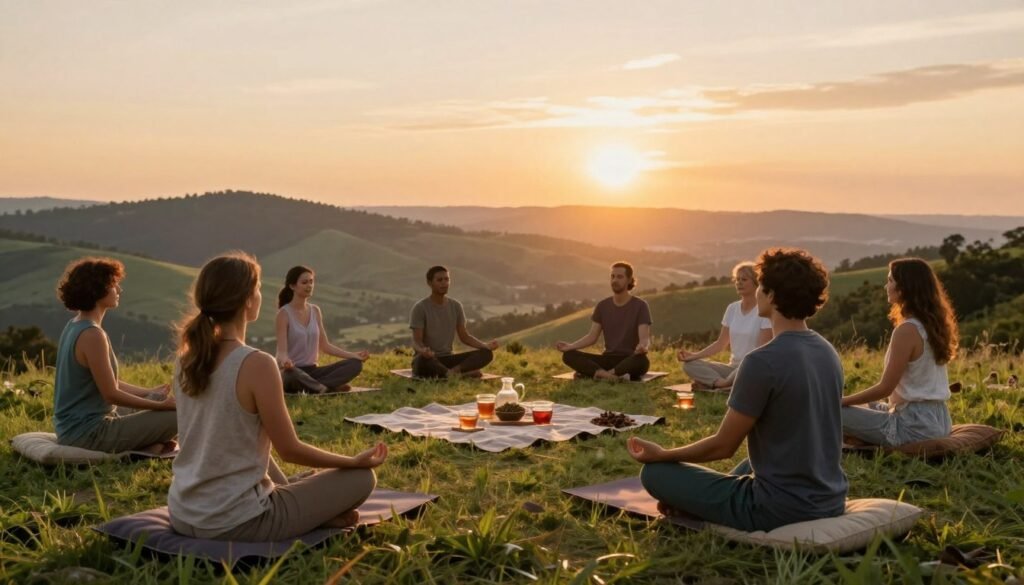 A serene travel scene showcasing relaxation techniques for travelers. In the foreground, a diverse group of people sits comfortably on a grassy hilltop, practicing mindfulness and gentle yoga poses, dressed in casual, comfortable clothing. In the middle ground, a picnic blanket is spread out with soothing herbal teas and meditation cushions. The background features a picturesque landscape with rolling hills and a vibrant sunset casting warm, golden light over the scene. Soft, diffused lighting creates a tranquil atmosphere, while the lens captures the image from a slightly elevated angle, adding depth. The mood is peaceful and rejuvenating, inviting viewers to embrace self-care while traveling.